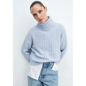 Mango MNG blue rolled neck cable knit sweater wool blend oversized boxy cropped
